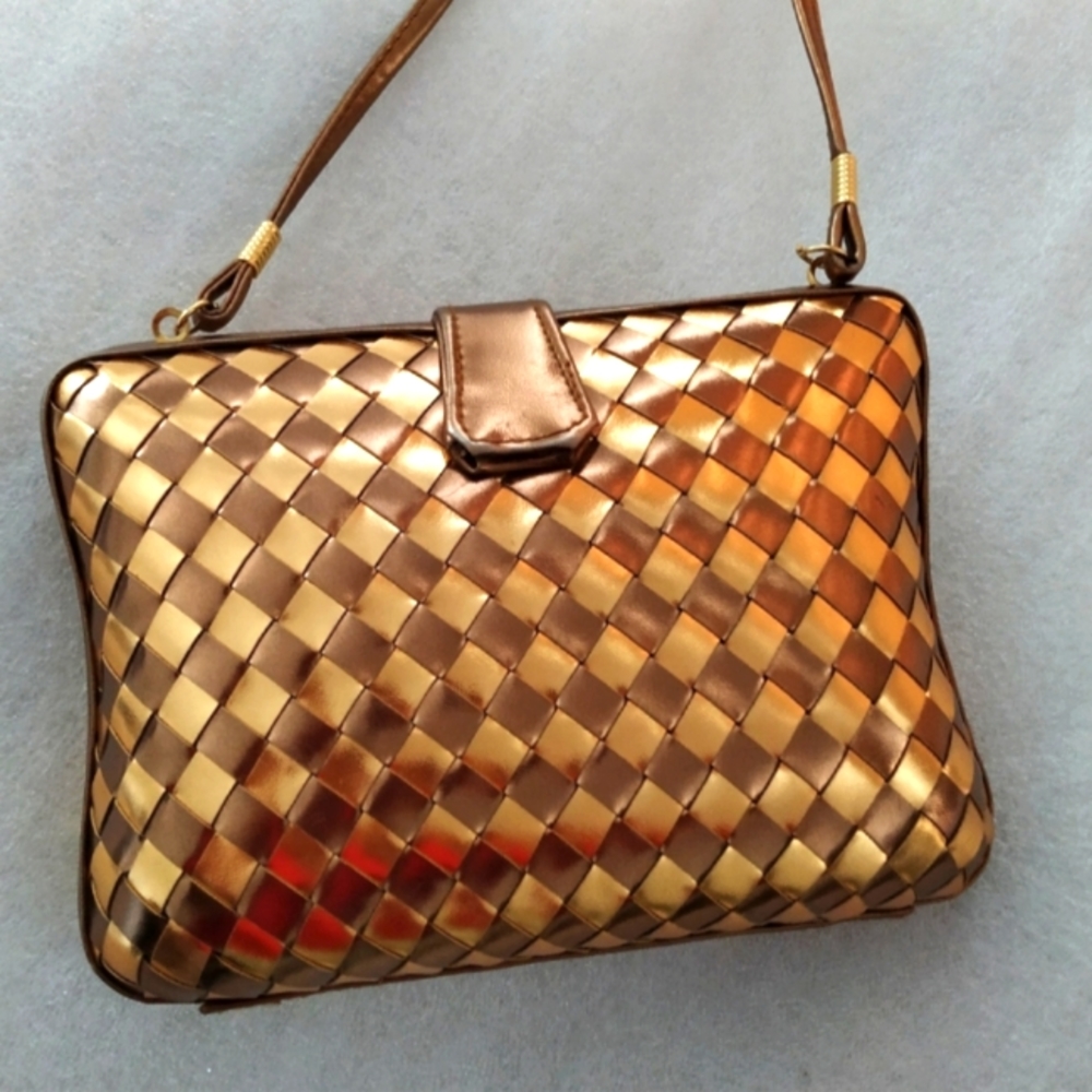Vintage Hard Checkered Gold and Bronze Clutch With Strap